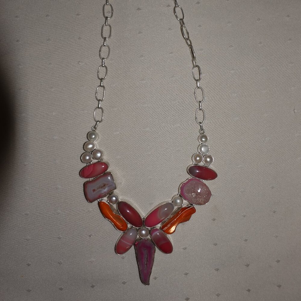 BEAUTIFUL 925 Sterling Silver Handmade ORANGE MULTICOLOR Gemstone Necklace